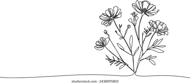 continuous single line drawing of wild flowers, line art vector illustration