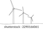 continuous single line drawing of wind farm, renewable energy wind turbines line art vector illustration