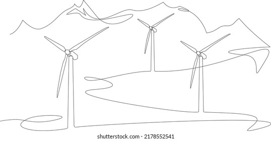 Continuous Single Line Drawing Of Wind Turbines In Mountain Landscape, Renewable Energy Line Art Vector Illustration