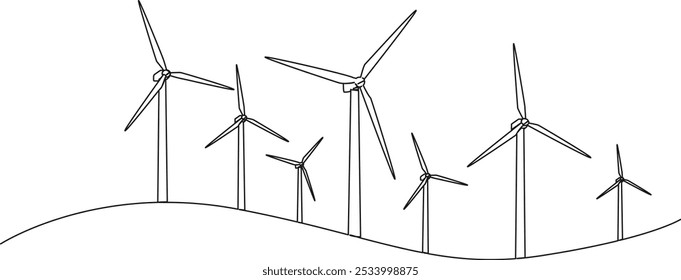 durchgehende einzeilige Zeichnung eines Windparks, der erneuerbare Energie erzeugt, Linienkunst, Vektorgrafik