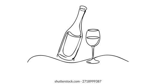 Dibujo continuo de una sola línea de una botella de vino y una copa de vino llena en una línea que fluye, que simboliza una cena elegante, celebración y estilo minimalista moderno.