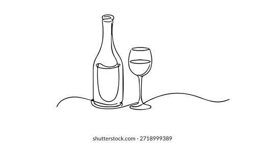 Desenho contínuo de uma única linha de uma garrafa de vinho e um copo de vinho cheio em uma linha fluente, simbolizando jantar elegante, celebração e estilo moderno mínimo.
