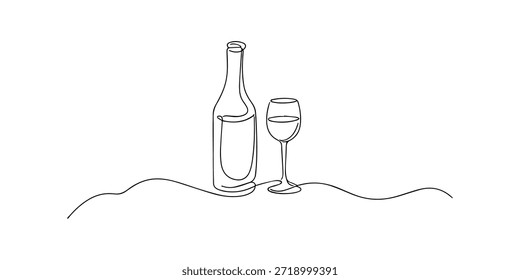 Dibujo continuo de una sola línea de una botella de vino y una copa de vino llena en una línea que fluye, que simboliza una cena elegante, celebración y estilo minimalista moderno.