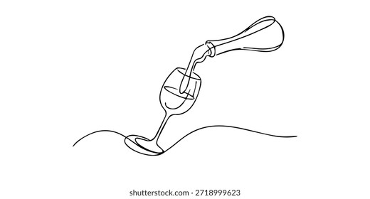 Continuous single line drawing of wine being poured from a bottle into a glass, symbolizing celebration, elegance, fine dining, and modern minimalist lifestyle.
