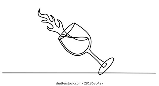 Continuous single line drawing of a wine glass with a burning fire flame
