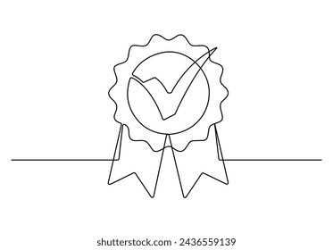 Continuous single line drawing of winner award badge isolated on white background vector illustration.