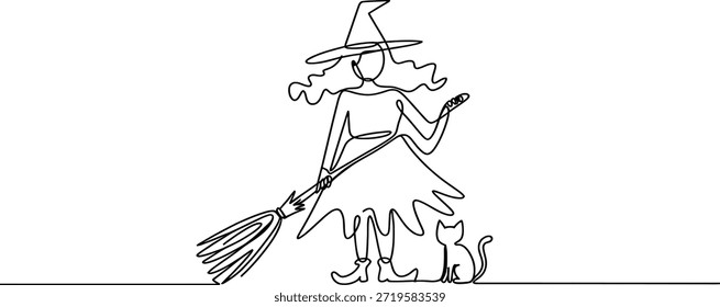 Eine durchgehende, einzeilige Zeichnung einer Hexe, die mit ihrem Besen und ihrer Katze steht. Vektor, Illustration
