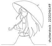 
Continuous single line drawing of woman holding umbrella. Continuous Line Drawing of young woman with umbrella stick. Girl with awesome umbrella and pretty continuous line drawing minimalist design.