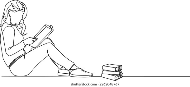 continuous single line drawing of woman sitting on floor reading a book, line art vector illustration