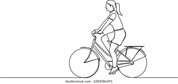 dibujo continuo de una sola línea de la mujer en bicicleta, ilustración vectorial de arte de línea