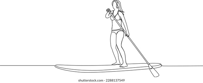 continuous single line drawing of woman standup paddleboarding, line art vector illustration