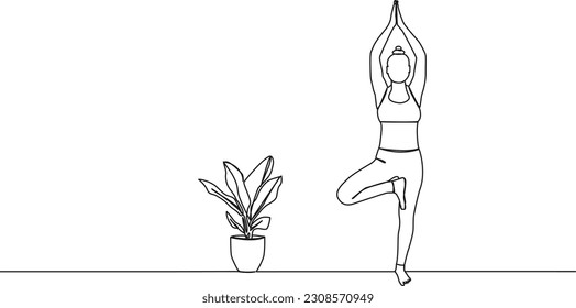 continuous single line drawing of woman in yoga tree pose, line art vector illustration