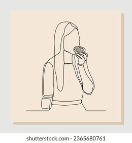 El dibujo continuo de una sola línea de la mujer sostiene y come comida rápida de hamburguesa. Una línea del concepto de diabetes. Ilustración del vector