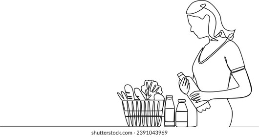 continuous single line drawing of woman doing grocery shopping, line art vector illustration