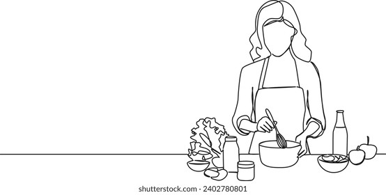 continuous single line drawing of woman preparing food in kitchen, line art vector illustration