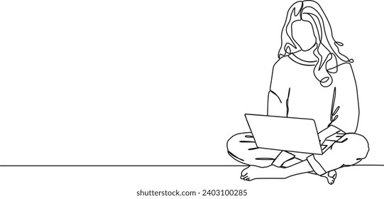 continuous single line drawing of woman sitting cross-legged on floor using laptop computer, line art vector illustration