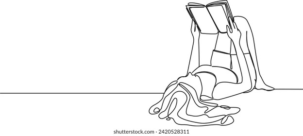 continuous single line drawing of woman resting on her back reading a book, line art vector illustration