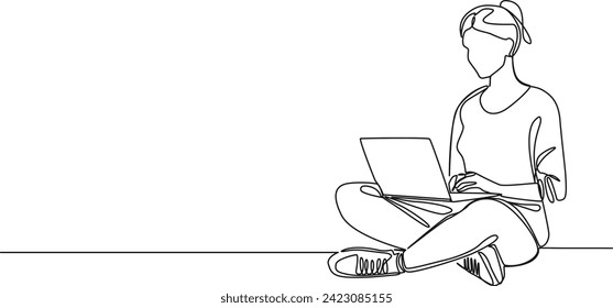 continuous single line drawing of woman sitting on floor using laptop, line art vector illustration