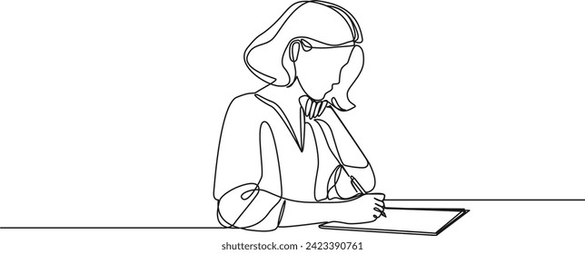 continuous single line drawing of woman taking notes on paper, line art vector illustration