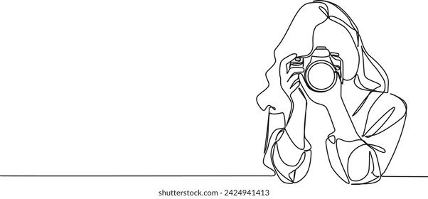continuous single line drawing of woman with DSLR camera taking pictures, line art vector illustration