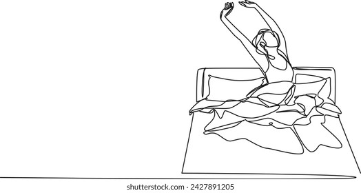 continuous single line drawing of woman stretching in bed after waking up, line art vector illustration