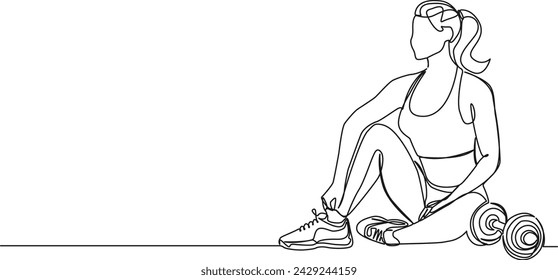 continuous single line drawing of woman exercising with dumbbell in gym, line art vector illustration