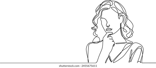 continuous single line drawing of woman in skeptical post, hand on chin, line art vector illustration