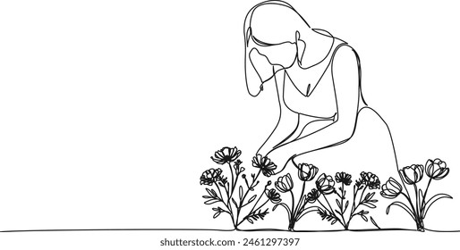 continuous single line drawing of woman picking flowers, line art vector illustration