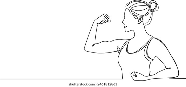 continuous single line drawing of woman flexing arm muscles, line art vector illustration