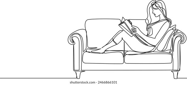 continuous single line drawing of woman relaxing on sofa while reading a book, line art vector illustration