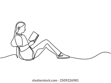 Continuous single line drawing of a woman reading a book. Depicts a peaceful reading scene in a simple hand-drawn style.