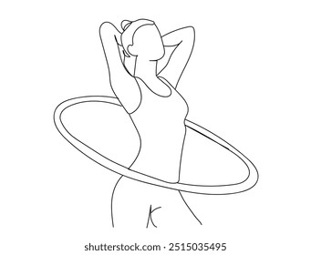 Continuous single line drawing of The woman is training your abdominal muscles by turning the wheel hula hoops. Feminine silhouette, flat stomach and slim waist, training wheel Hula Hop. 