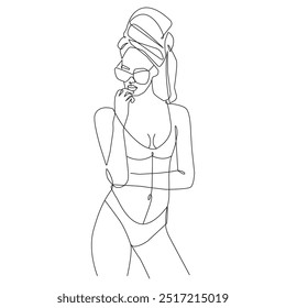 Dibujo continuo de una sola línea de la silueta de la mujer. Retrato femenino de estilo minimalista elegante. Ilustración de moda de una línea de Vector en blanco y negro. Concepto de moda del glamour para el logotipo, arte de la pared, tarjeta, B