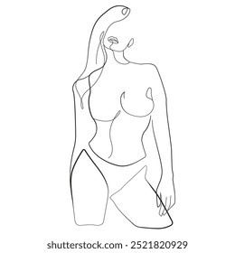 Desenho de linha única contínua de mulher Silhueta. Corpo Feminino Abstrato Estilo Minimalista. Ilustração de moda de uma linha de vetor preto e branco. Trendy Glamour Conceito para logotipo, arte de parede, cartões
