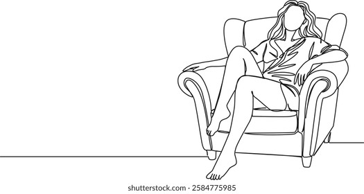 continuous single line drawing of woman relaxing in armchair, line art vector illustration