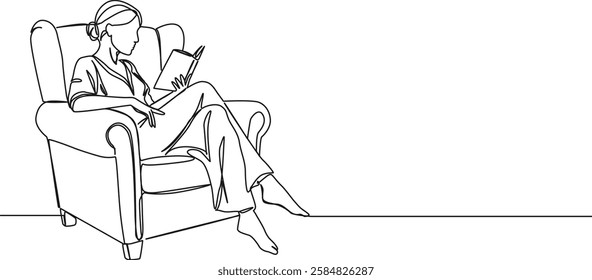 continuous single line drawing of woman in armchair reading book, line art vector illustration