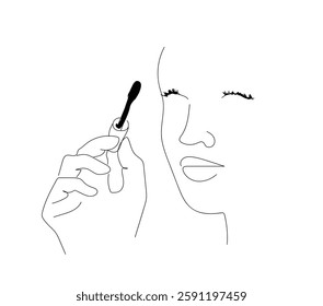 Continuous single line drawing 
 woman applying black mascara on eyelashes with makeup brush. Decorative cosmetics on white background. Hand made vector not AI.