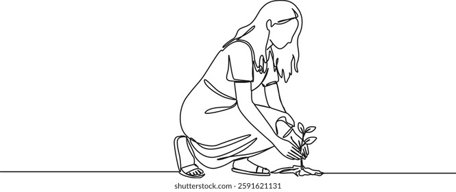 continuous single line drawing of woman planting seedling, line art vector illustration