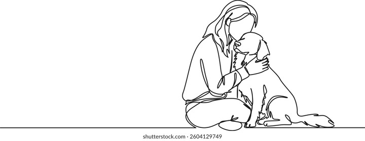 continuous single line drawing of woman hugging her dog, line art vector illustration