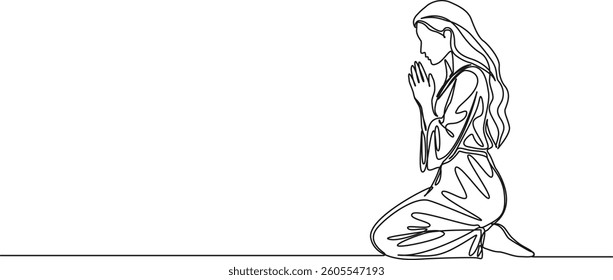 continuous single line drawing of woman praying on her knees, line art vector illustration