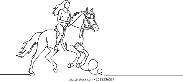 continuous single line drawing of woman riding a horse, line art vector illustration