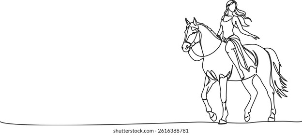 continuous single line drawing of woman in summer dress riding bareback on horse, line art vector illustration