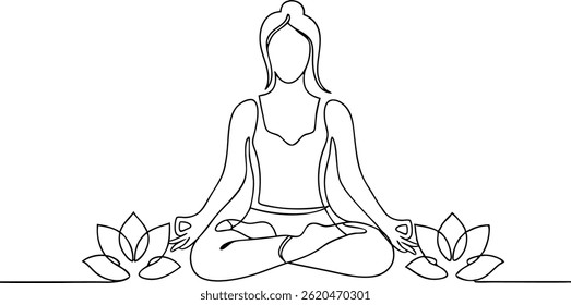 Continuous single line drawing of a woman meditating in lotus pose with closed eyes surrounded by delicate floral elements in a minimalist style
