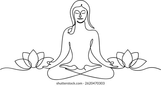 Continuous single line drawing of a woman meditating in lotus pose with closed eyes surrounded by delicate floral elements in a minimalist style