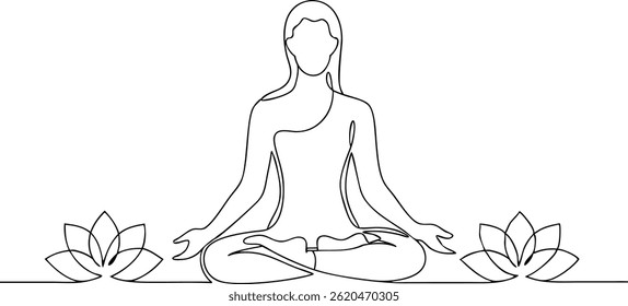 Continuous single line drawing of a woman meditating in lotus pose with closed eyes surrounded by delicate floral elements in a minimalist style