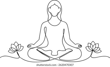 Continuous single line drawing of a woman meditating in lotus pose with closed eyes surrounded by delicate floral elements in a minimalist style