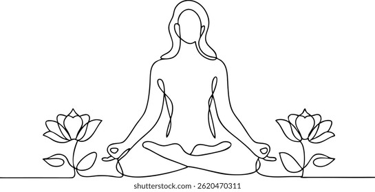 Continuous single line drawing of a woman meditating in lotus pose with closed eyes surrounded by delicate floral elements in a minimalist style