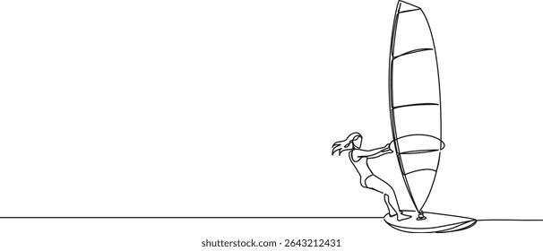 Dibujo continuo de una sola línea de mujer windsurf, Ilustración vectorial de arte de línea
