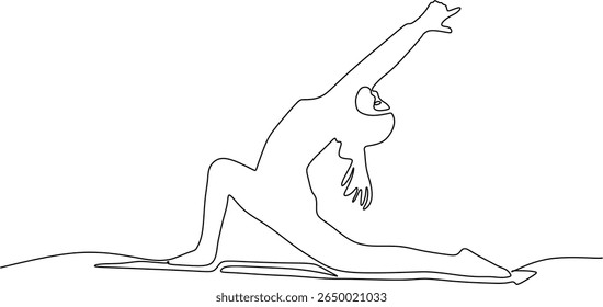 A continuous single line drawing of a woman in the powerful Warrior yoga pose (Virabhadrasana). Minimalist vector illustration symbolizing strength, focus, and balance.