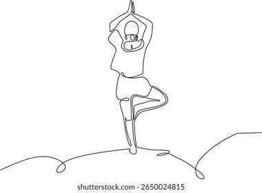 A continuous single line drawing of a woman in the balancing Tree Pose (Vrksasana). Minimalist vector art symbolizing stability, grounding, and harmony with nature.